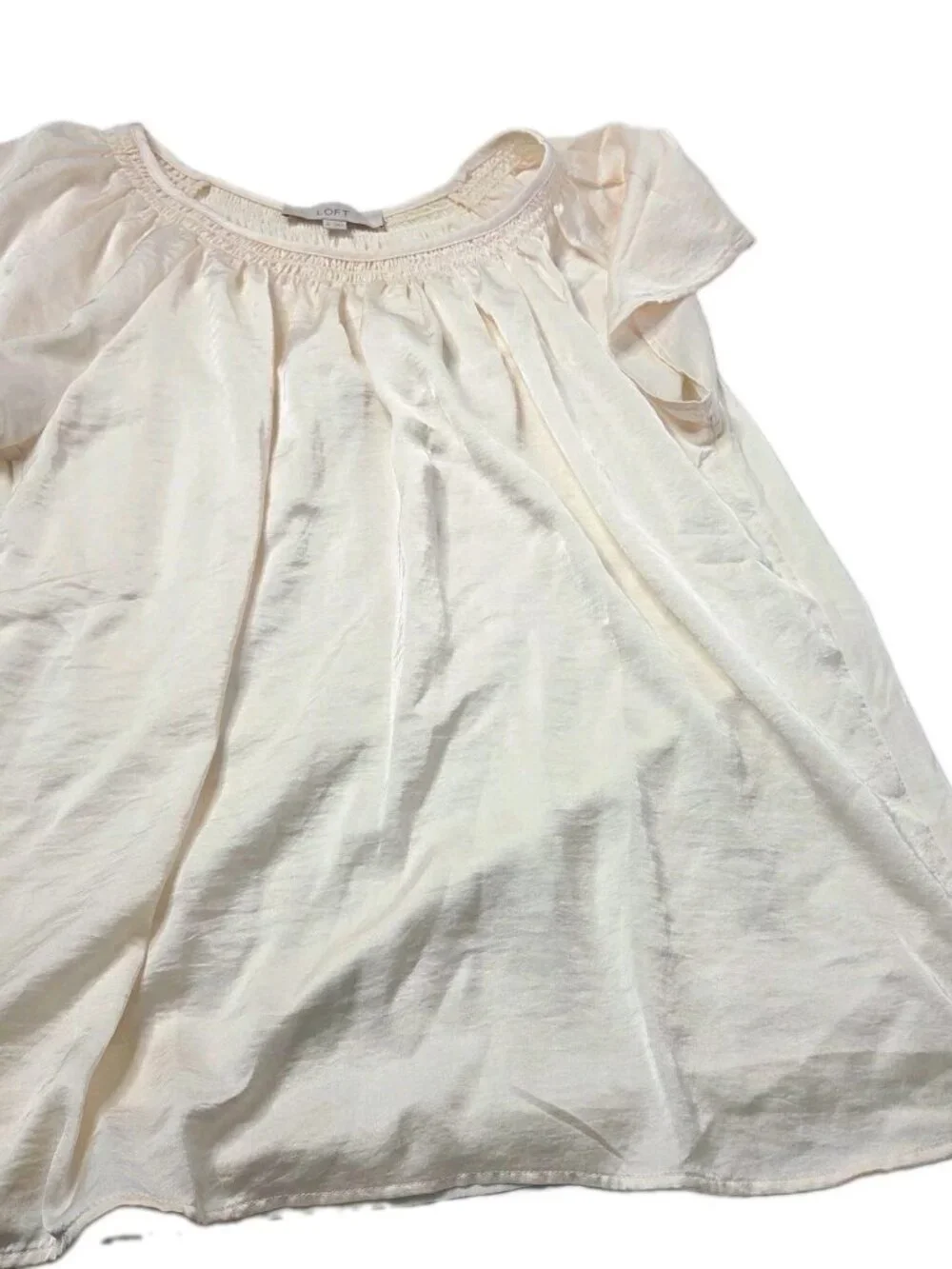 LOFT Women's M White Solid Smocked Neck Puff Short Sleeve Blouse